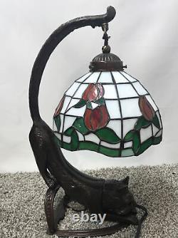 Vintage Tiffany Style Stained Glass Rose Cat Table Lamp Desk Light