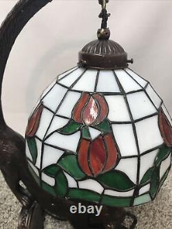 Vintage Tiffany Style Stained Glass Rose Cat Table Lamp Desk Light