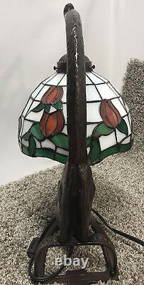 Vintage Tiffany Style Stained Glass Rose Cat Table Lamp Desk Light