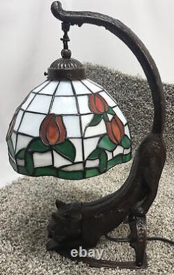 Vintage Tiffany Style Stained Glass Rose Cat Table Lamp Desk Light