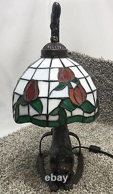 Vintage Tiffany Style Stained Glass Rose Cat Table Lamp Desk Light