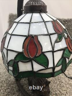 Vintage Tiffany Style Stained Glass Rose Cat Table Lamp Desk Light