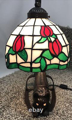 Vintage Tiffany Style Stained Glass Rose Cat Table Lamp Desk Light