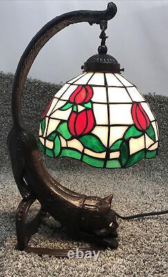 Vintage Tiffany Style Stained Glass Rose Cat Table Lamp Desk Light