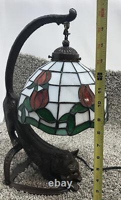 Vintage Tiffany Style Stained Glass Rose Cat Table Lamp Desk Light