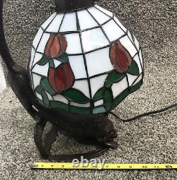 Vintage Tiffany Style Stained Glass Rose Cat Table Lamp Desk Light