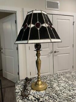 Vintage Tiffany Style Stained Glass Table Lamp Black Red Shade Brass Tested