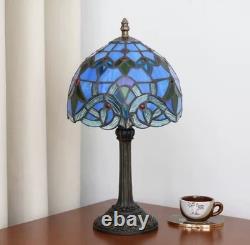 Vintage Tiffany Style Stained Glass Table Lamp Blue Floral Bedside Light Decor