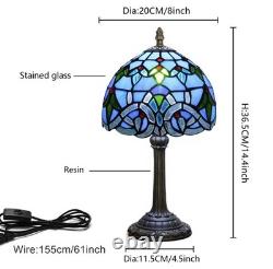 Vintage Tiffany Style Stained Glass Table Lamp Blue Floral Bedside Light Decor