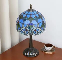 Vintage Tiffany Style Stained Glass Table Lamp Blue Floral Bedside Light Decor