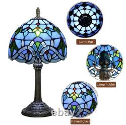 Vintage Tiffany Style Stained Glass Table Lamp Blue Floral Bedside Light Decor