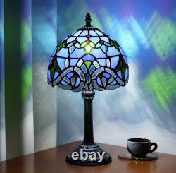 Vintage Tiffany Style Stained Glass Table Lamp Blue Floral Bedside Light Decor