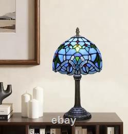 Vintage Tiffany Style Stained Glass Table Lamp Blue Floral Bedside Light Decor