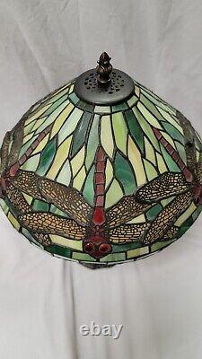 Vintage Tiffany Style Stained Glass Table Lamp Dragonfly Shade Great Color 18T