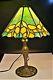 Vintage Tiffany Style-stained Glass Table Lamp Floral Motif With Brass Tree Base