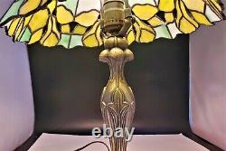 Vintage Tiffany Style-Stained Glass Table Lamp Floral Motif with Brass Tree Base