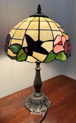 Vintage Tiffany Style Stained Glass Table Lamp Floral Pink Purple Green 18 Tall