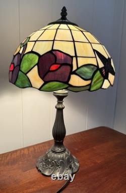Vintage Tiffany Style Stained Glass Table Lamp Floral Pink Purple Green 18 Tall