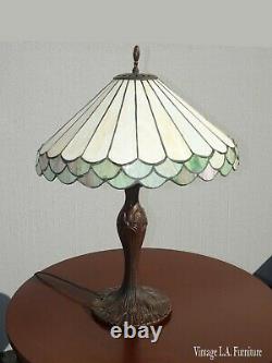Vintage Tiffany Style Stained Glass Table Lamp Light w Ornate Metal Base