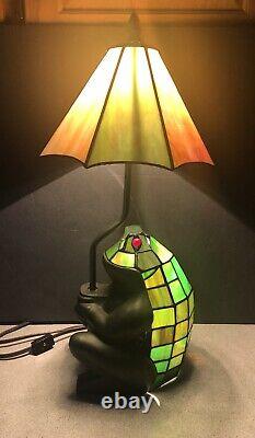 Vintage Tiffany Style Stained Green Art Glass Frog With Umbrella Lamp