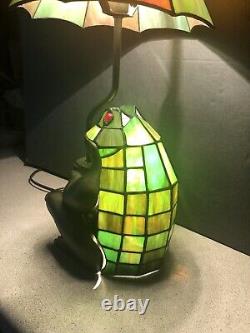 Vintage Tiffany Style Stained Green Art Glass Frog With Umbrella Lamp