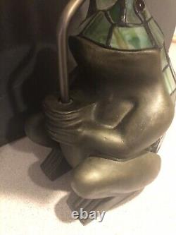 Vintage Tiffany Style Stained Green Art Glass Frog With Umbrella Lamp