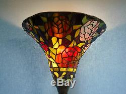 Vintage Tiffany Style Torchiere Stained Glass Floor Lamp Light Rose Pattern
