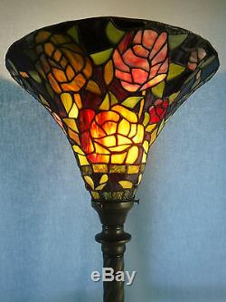 Vintage Tiffany Style Torchiere Stained Glass Floor Lamp Light Rose Pattern