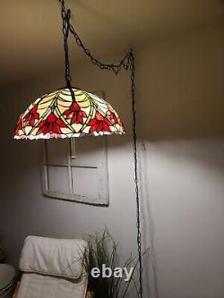 Vintage Tiffany Swag Light Hanging Pendant Stained Glass Flowers Lamp Plug-In