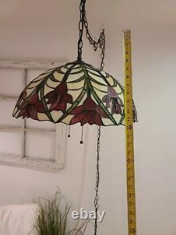Vintage Tiffany Swag Light Hanging Pendant Stained Glass Flowers Lamp Plug-In