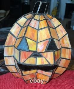 Vintage Ting Shen Tiffany Style Stained Glass Pumpkin Jack O Lantern Light Lamp