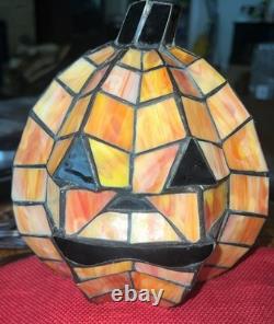 Vintage Ting Shen Tiffany Style Stained Glass Pumpkin Jack O Lantern Light Lamp