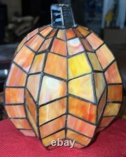 Vintage Ting Shen Tiffany Style Stained Glass Pumpkin Jack O Lantern Light Lamp