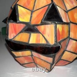 Vintage Ting Shen Tiffany Style Stained Glass Pumpkin Jack O Lantern Light Lamp