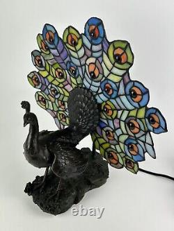 Vintage Unique Stained Glass Tiffany-Style Peacock Table Lamp Heavy 15 x 16