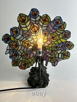 Vintage Unique Stained Glass Tiffany-Style Peacock Table Lamp Heavy 15 x 16