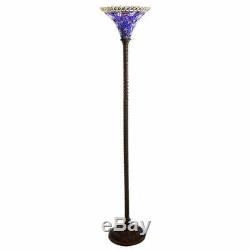 Vintage Victorian Theme Tiffany Style Blue Torchiere Stained Glass Floor Lamp