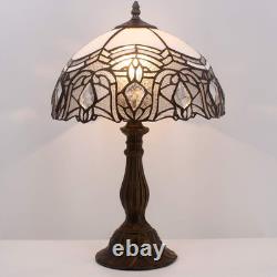 Vintage White Tiffany Style Stained Glass Table Lamp Bedroom Reading Light Decor