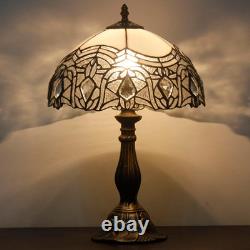 Vintage White Tiffany Style Stained Glass Table Lamp Bedroom Reading Light Decor