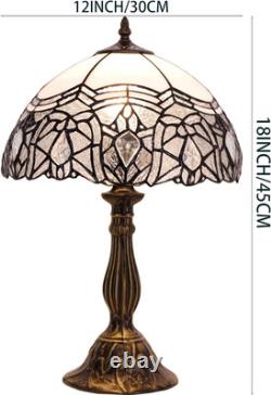 Vintage White Tiffany Style Stained Glass Table Lamp Bedroom Reading Light Decor
