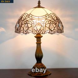 Vintage White Tiffany Style Stained Glass Table Lamp Bedroom Reading Light Decor