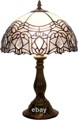 Vintage White Tiffany Style Stained Glass Table Lamp Bedroom Reading Light Decor