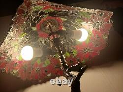 VintageTiffany Style Poinsettia Flower Table Lamp Art Stained Glass 25Tall