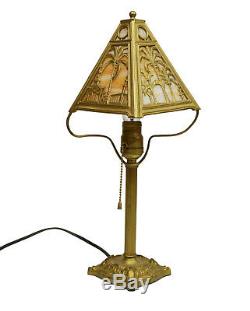 Vtg Antique Stained Scenic Slag Glass Lamp Palm Trees Gold Ornate Parlor Accent