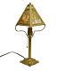 Vtg Antique Stained Scenic Slag Glass Lamp Palm Trees Gold Ornate Parlor Accent