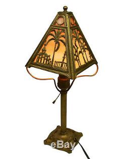 Vtg Antique Stained Scenic Slag Glass Lamp Palm Trees Gold Ornate Parlor Accent