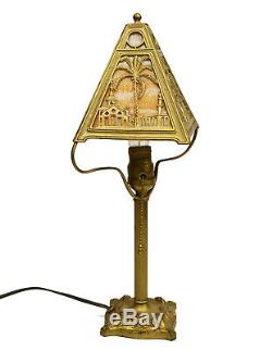 Vtg Antique Stained Scenic Slag Glass Lamp Palm Trees Gold Ornate Parlor Accent