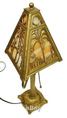 Vtg Antique Stained Scenic Slag Glass Lamp Palm Trees Gold Ornate Parlor Accent