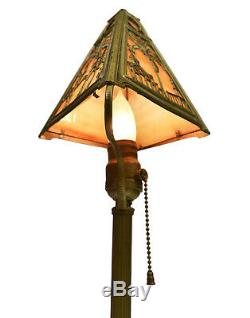 Vtg Antique Stained Scenic Slag Glass Lamp Palm Trees Gold Ornate Parlor Accent