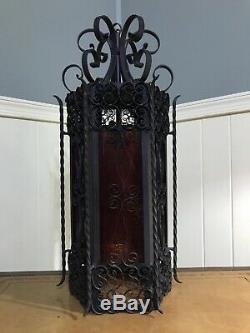 Vtg Antique Wrought Iron Spanish Revival Gothic Stained Glass Hanging Swag Lamp